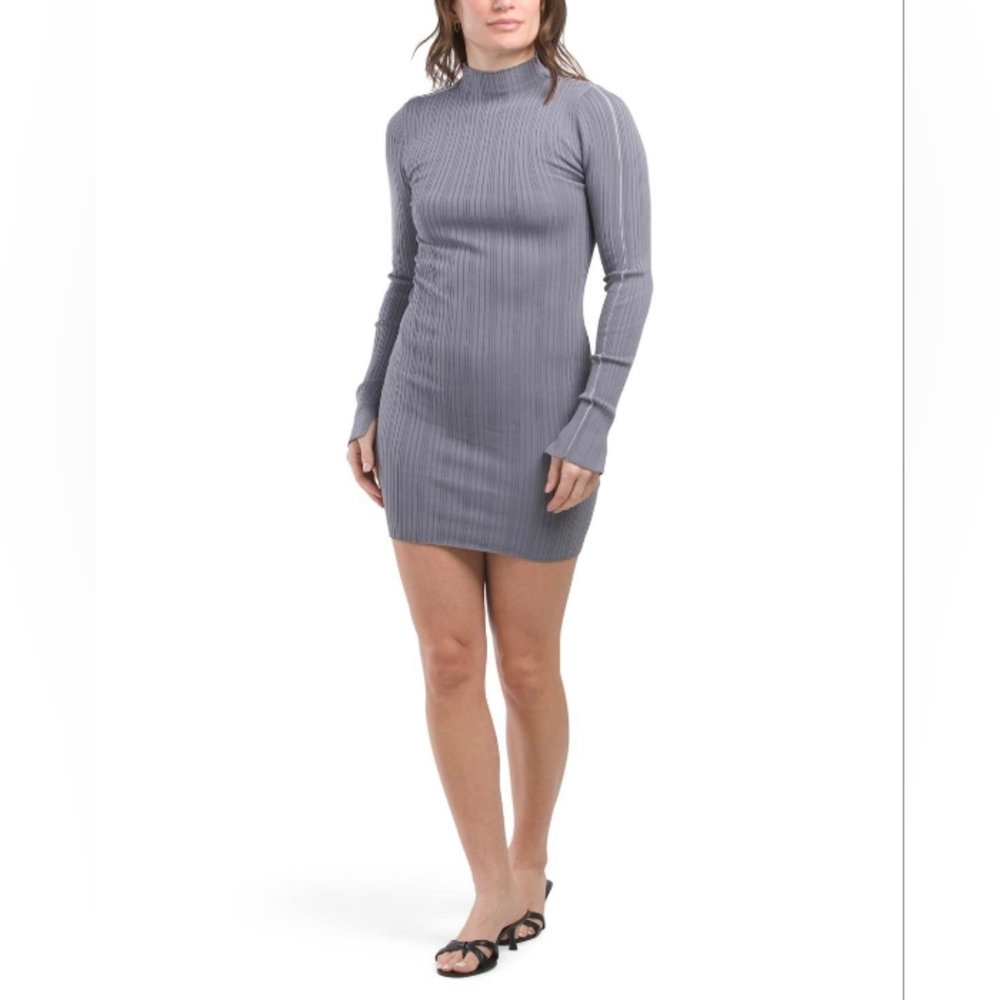 ZARA Mini Dress with long sleeves and high neck, grey, Ribbed Knit Dress Size L